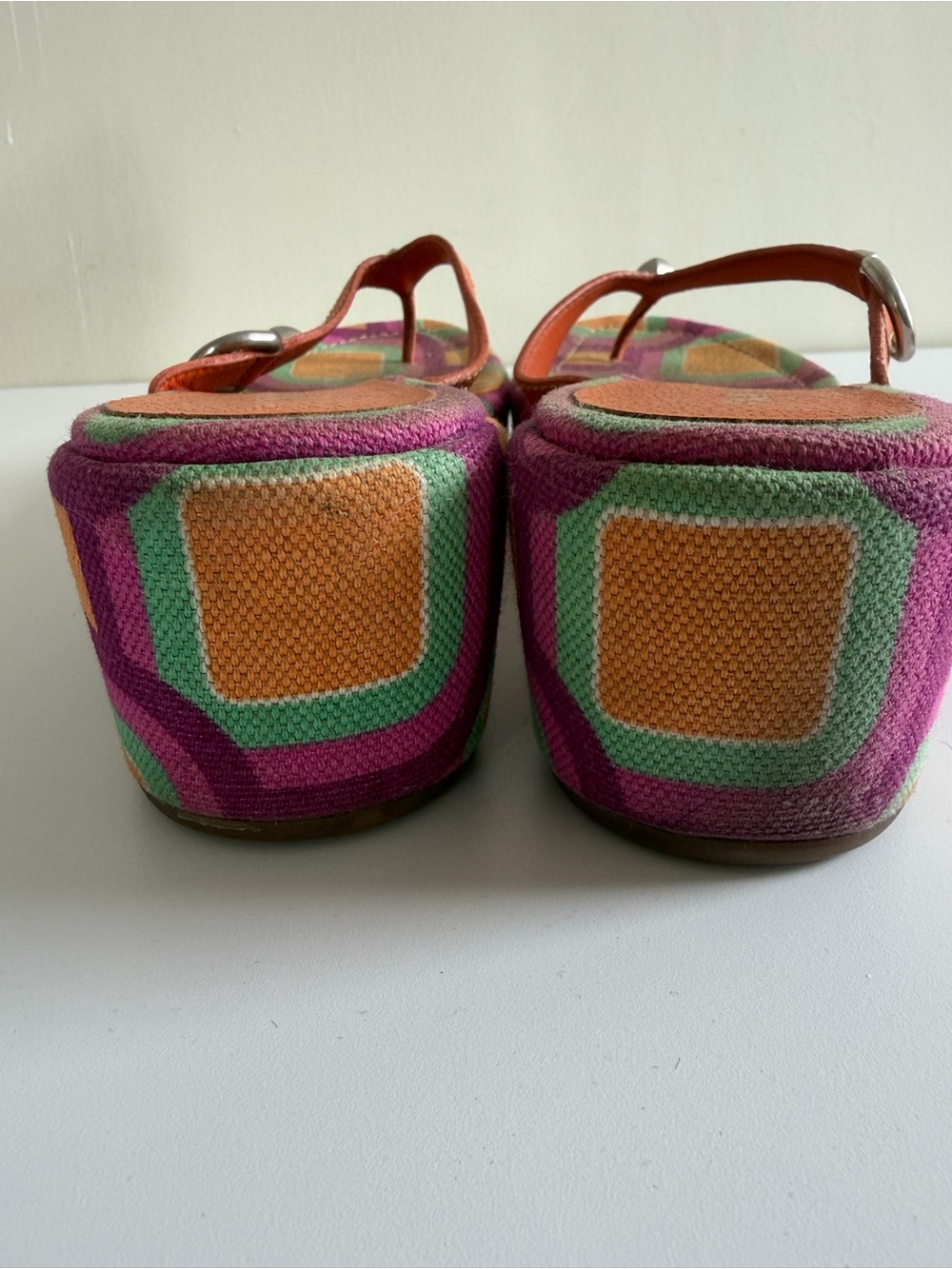 Vintage Prada Women’s Orange & Fuchsia Geometric Wedge Sandal - Picture 3 of 6